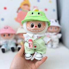 Green Apple Overalls Set + Green Dino Hat + Black Canvas Shoes + Pink Water Bottle