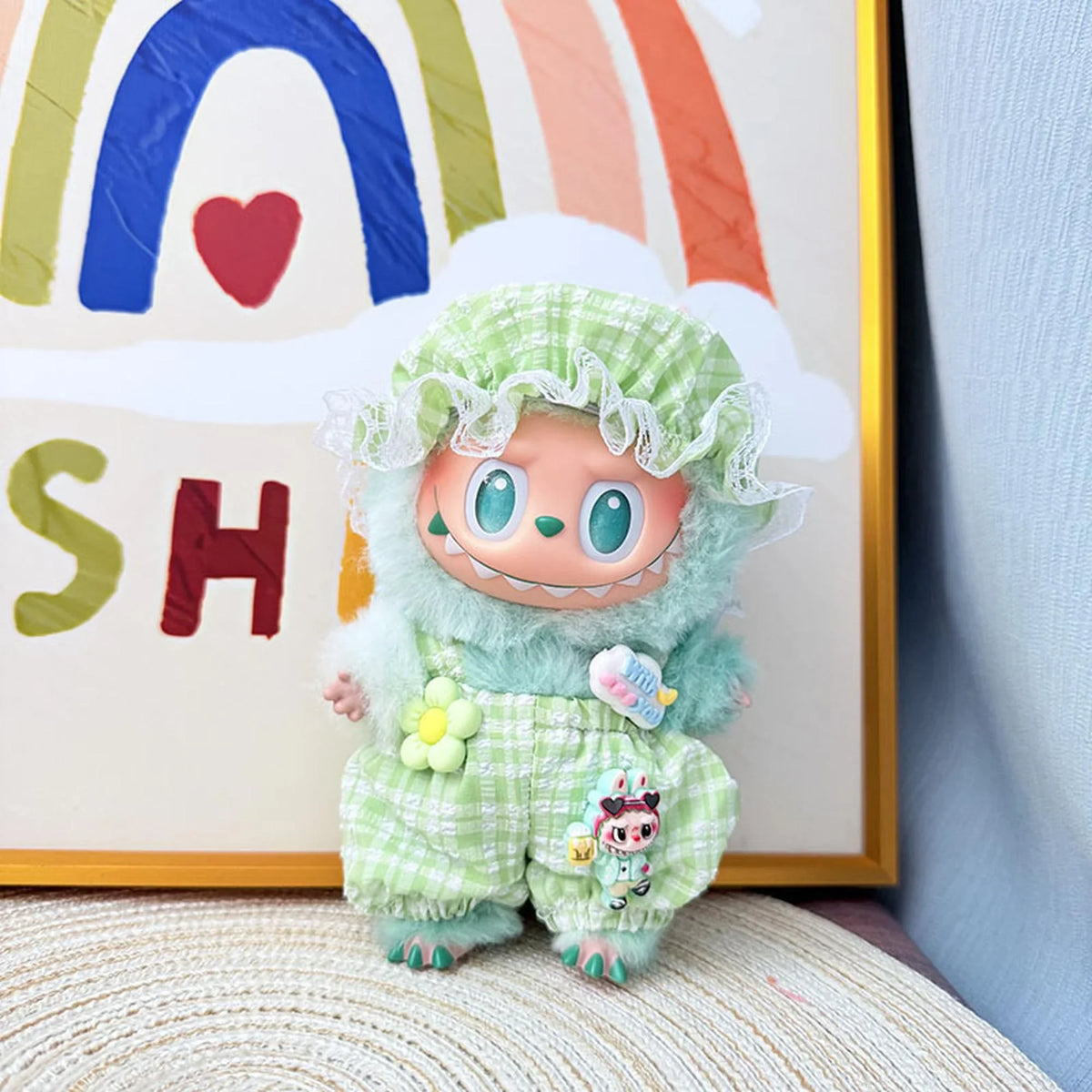 Green Checkered Overalls Set With Baby Hat