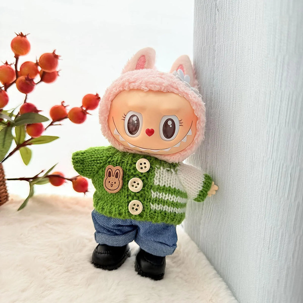 Green Striped Button Sweater + Blue Jeans + Black Square-Toe Shoes