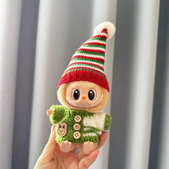 Green Striped Button Sweater + Red And Green Pointed Hat