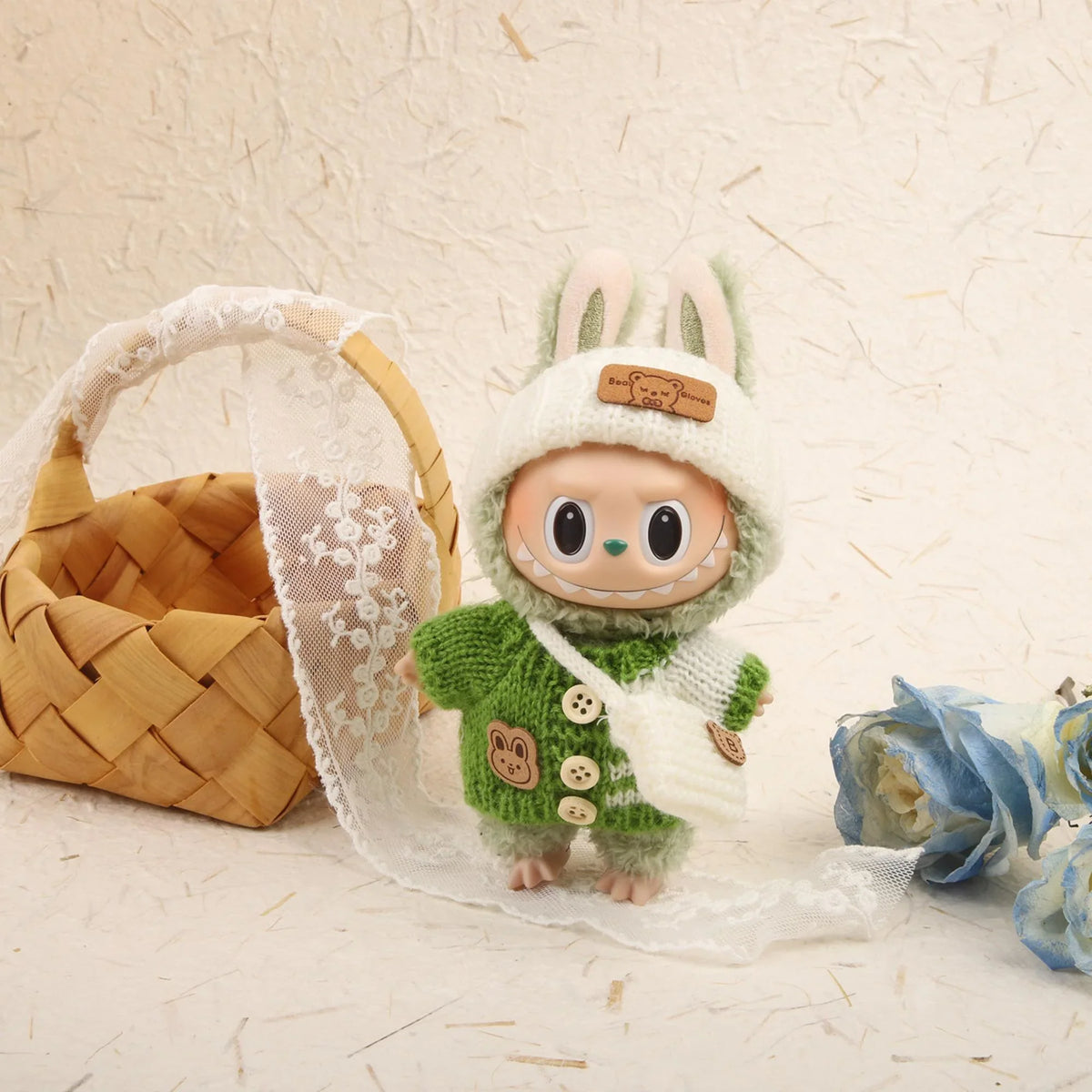 Green Striped Button Sweater + White Turn-Up Hat + White String Bag