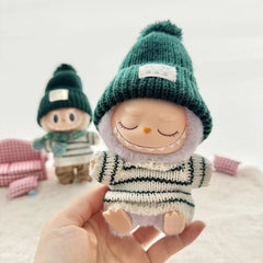 Green Yarn Bunny Hat + Dark Green & White Striped Sweater