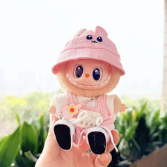Guitar + White Canvas Shoes + Pink Bunny Hat + Refreshing Denim Overalls Set In Pink