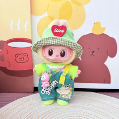 Justdot + Little New Denim Overalls + Green Heart Hat + Green Rain Boots + Pink Plush Baby Bag