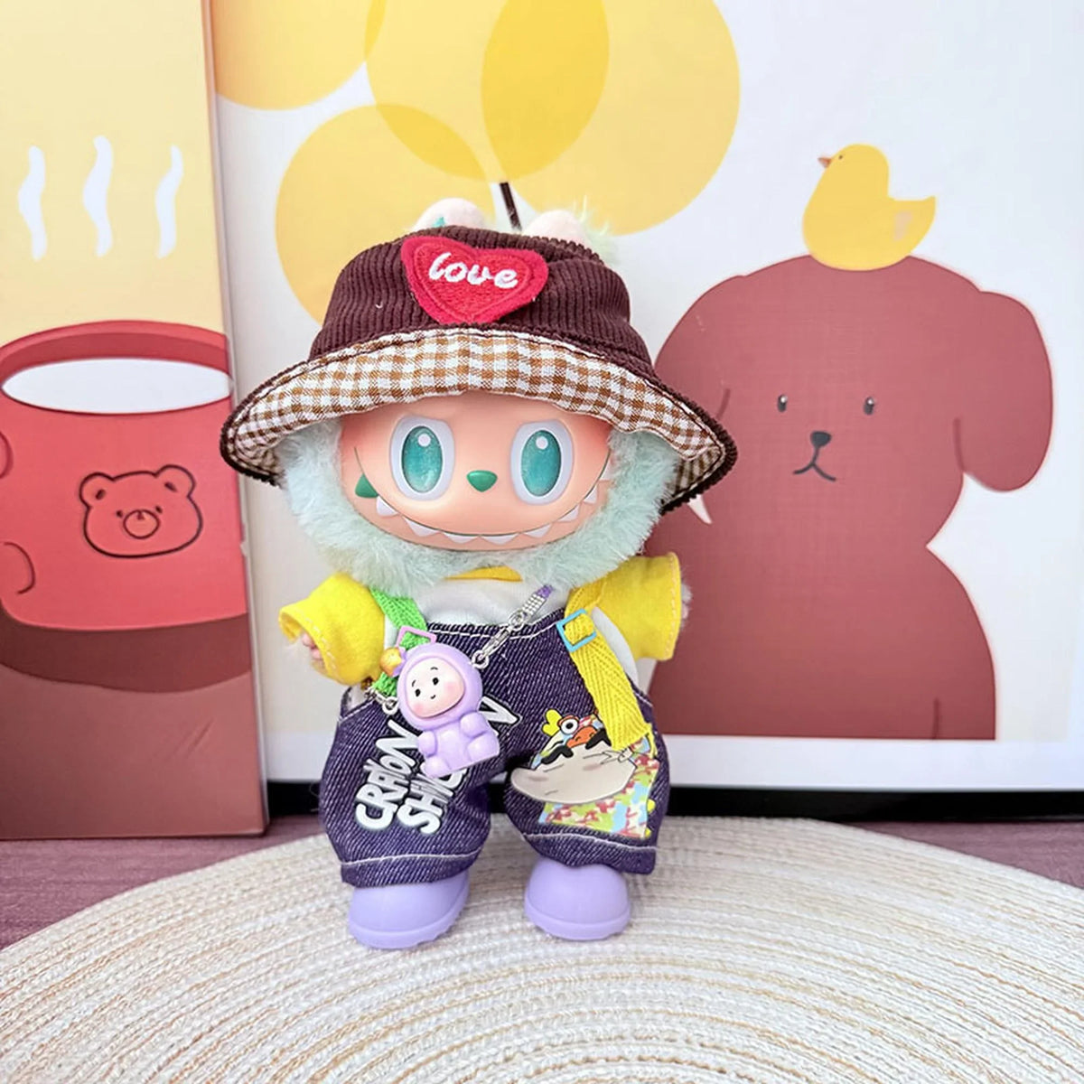 Justdot + Little New Purple Overalls + Brown Heart Hat + Purple Rain Boots + Purple Chubby Baby Bag