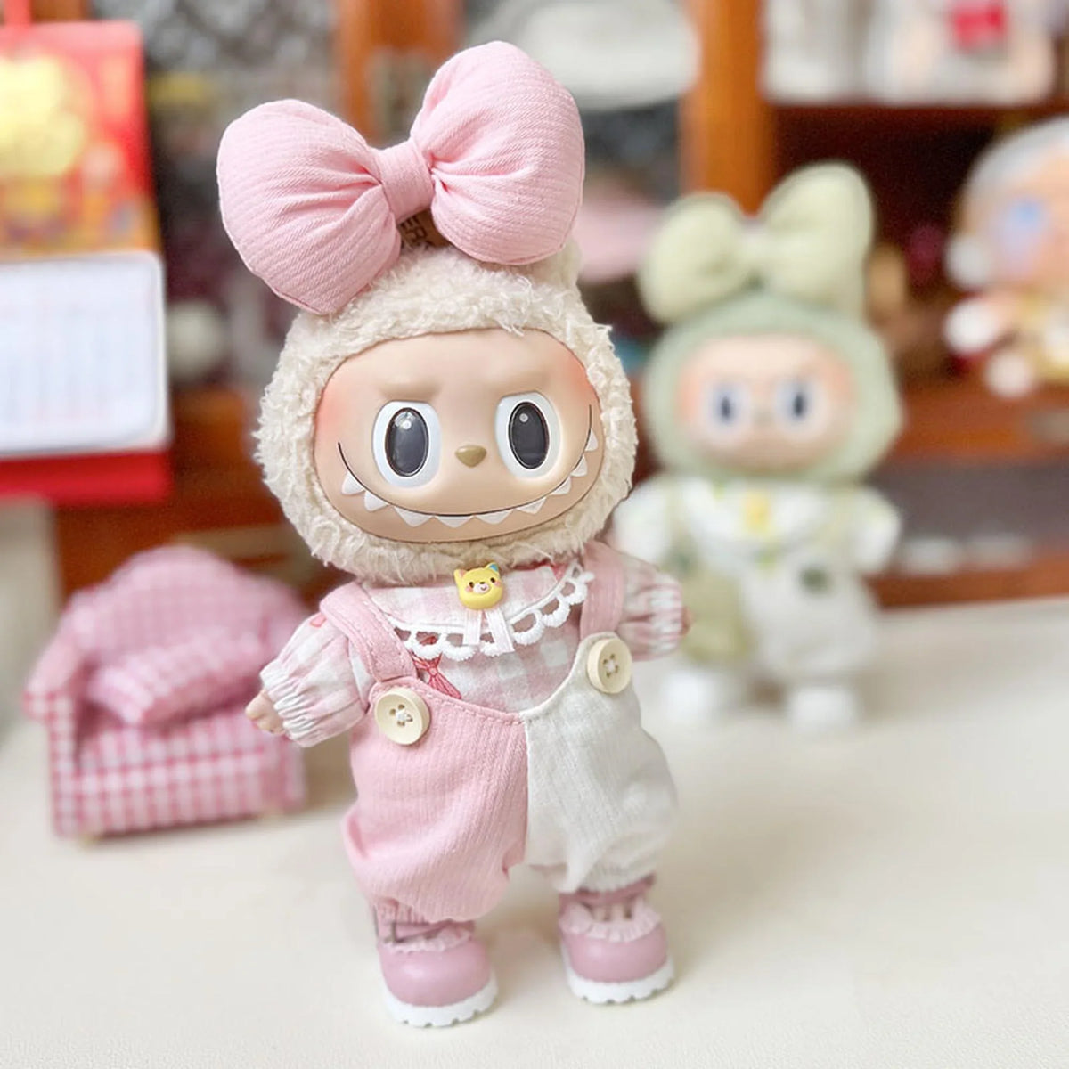 Kd Pink Leather Shoes + Yellow Bear Pink & White Overalls 3-Piece Set
