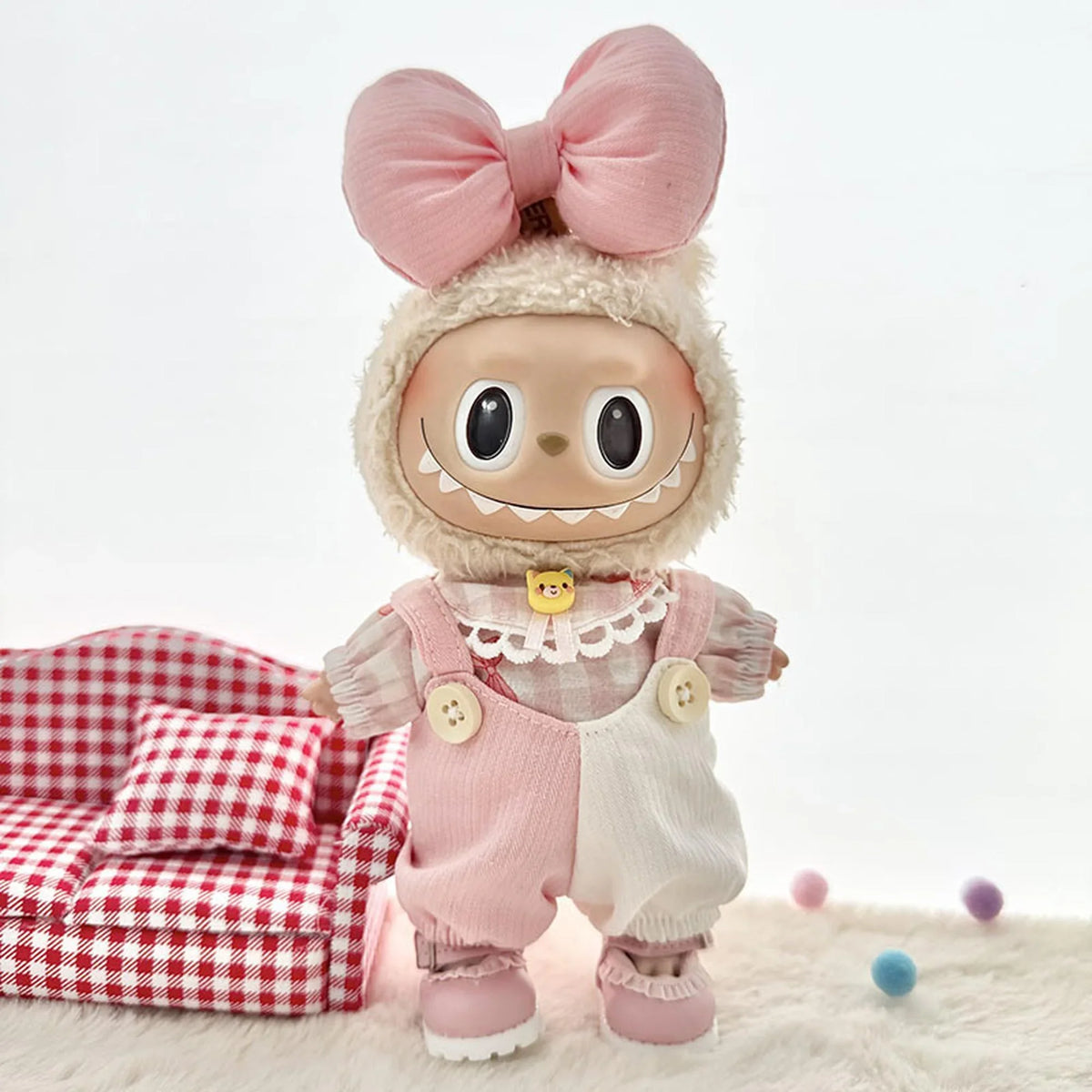 Kd Pink Leather Shoes + Yellow Bear Pink & White Overalls 3-Piece Set