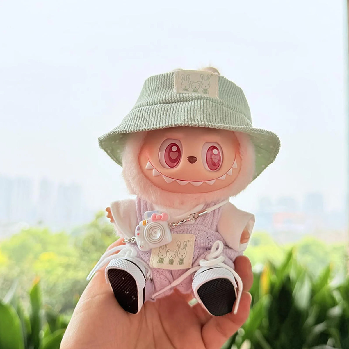 Kd White Camera + Purple Canvas Shoes + Green Bunny Hat + Refreshing Purple Overalls Set