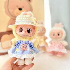 Kd White Leather Shoes + Blue Checkered Floral Skirt With Pendant + Yellow Flat-Brimmed Hat