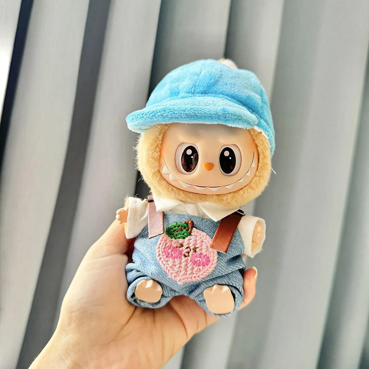 Knitted Pink Overalls Set + Blue Bread Duckbill Cap