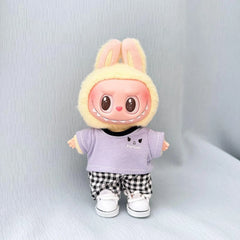 Kumimi Purple T-Shirt + Black & White Checkered Pants + White Canvas Shoes