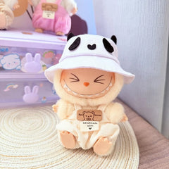 Panda Hat + White Checkered Overalls