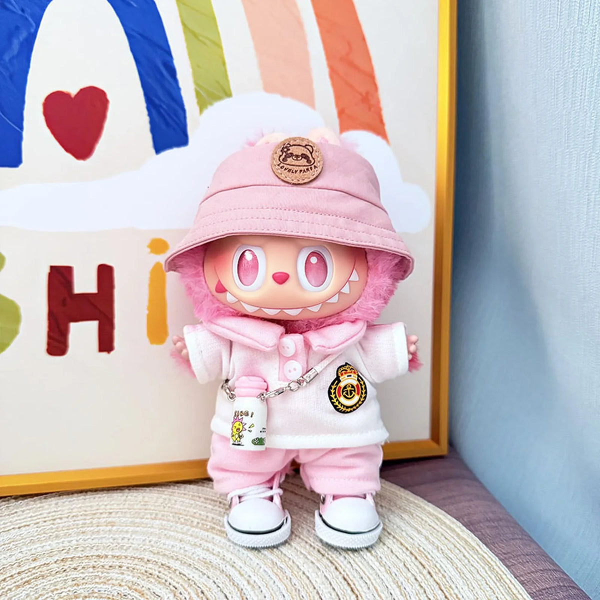 Panda Logo Pink Hat + Noble Pink School Uniform Pants + Pink Canvas Shoes + White Water Bottle