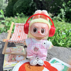 Picnic Overalls Set In Pink + Red Headphones + Pink Canvas Shoes