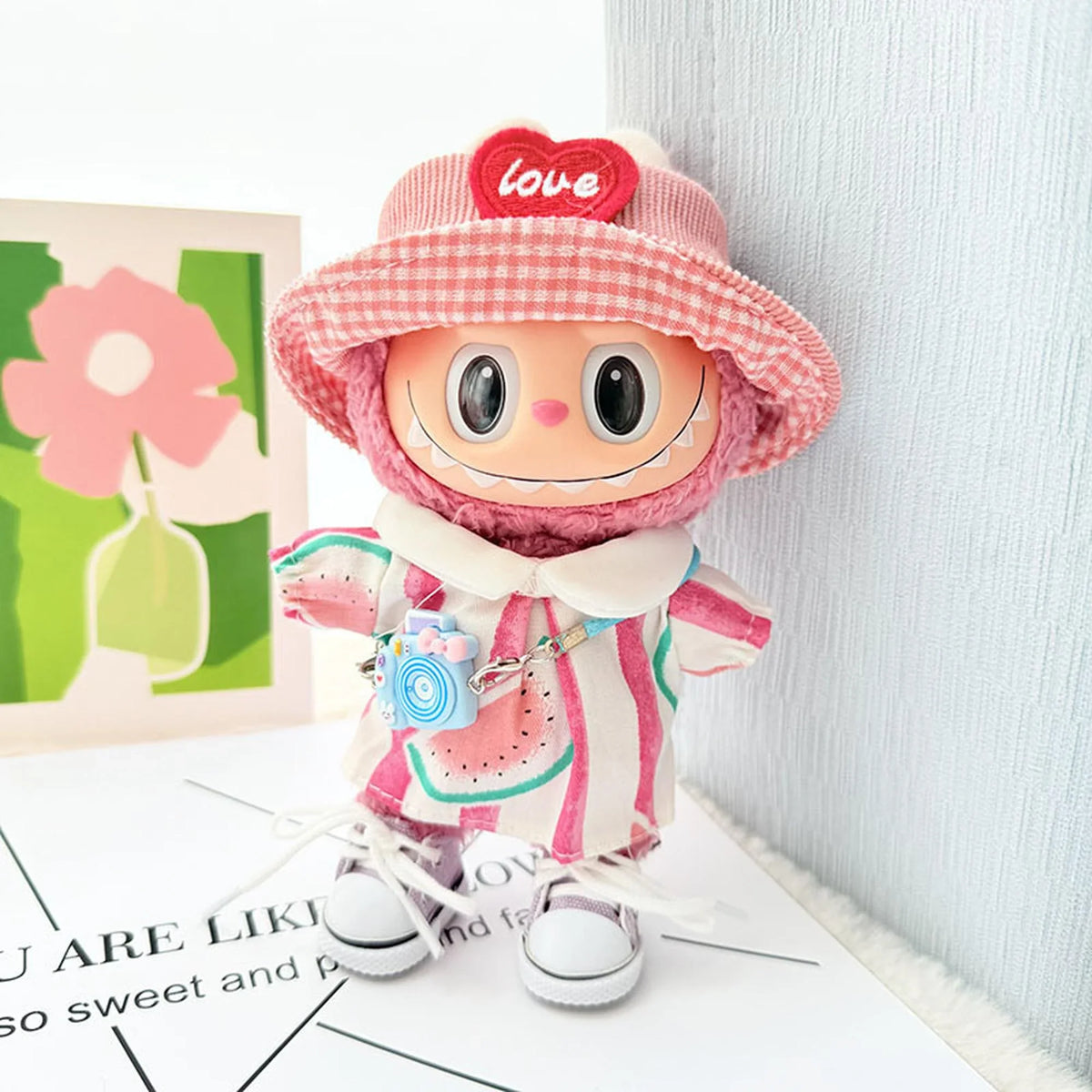 Pink Heart Hat + Lavender Canvas Shoes + Red Watermelon Print Dress Set For Spring Outing
