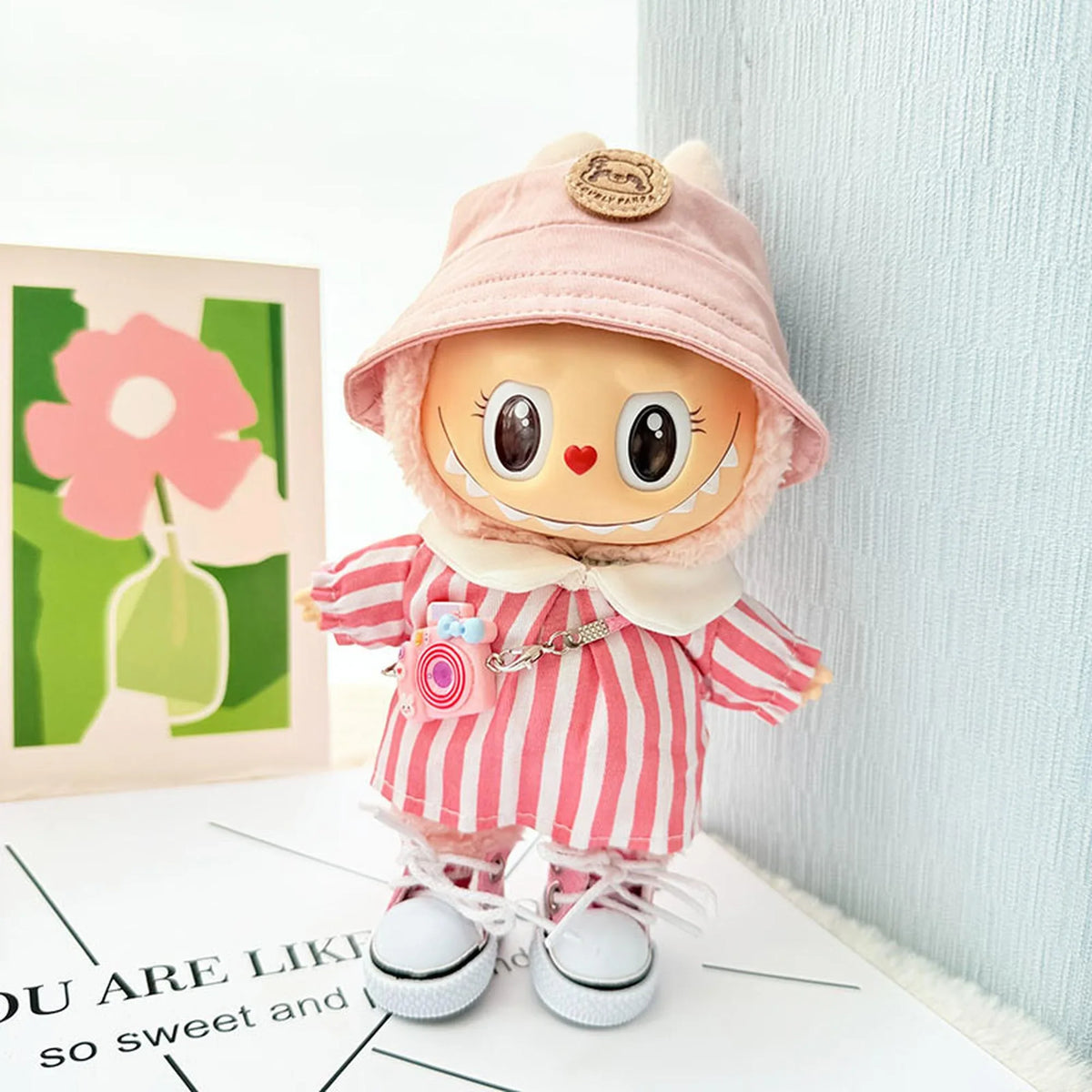 Pink Panda Hat + Pink Canvas Shoes + Spring Outing Pink Striped Dress Set