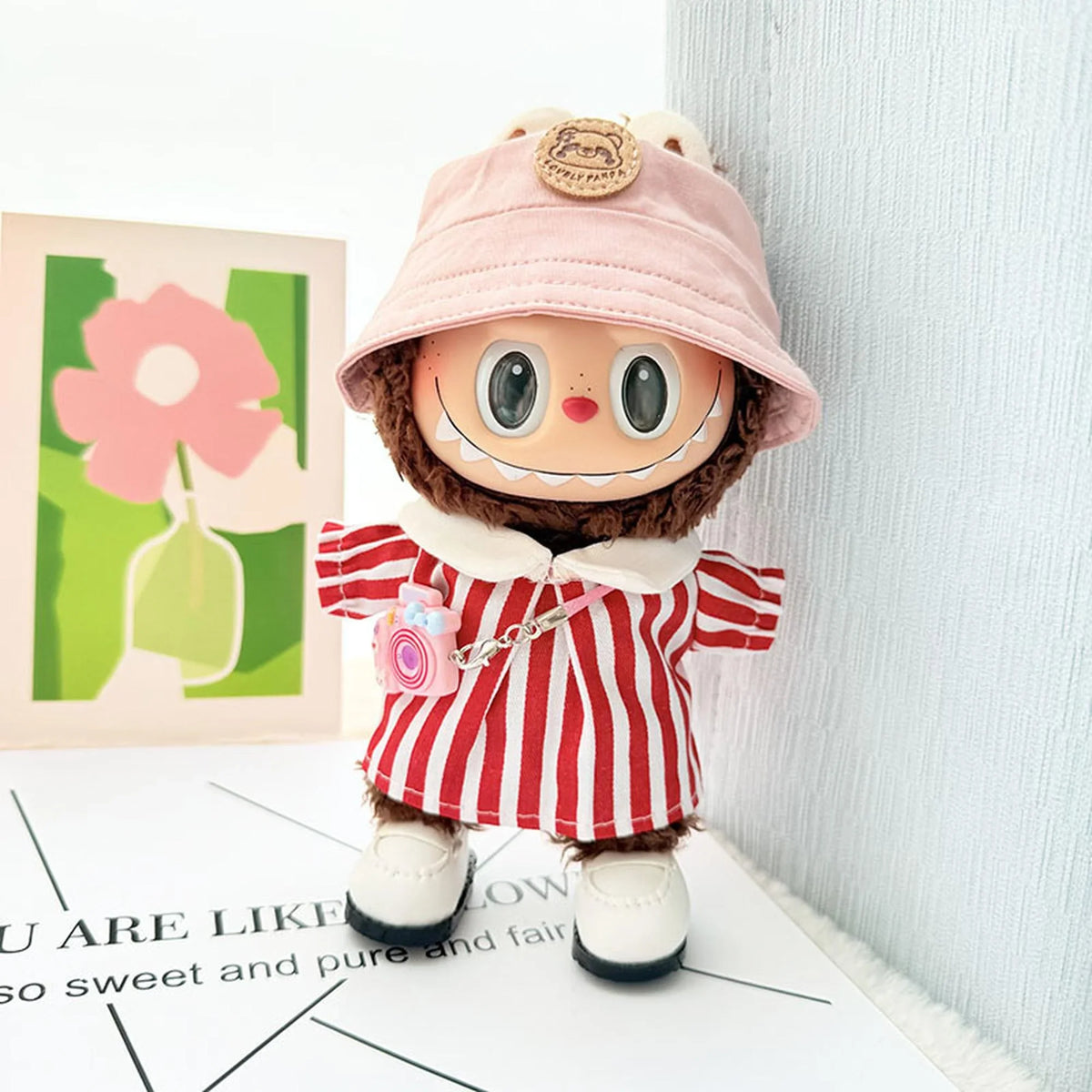 Pink Panda Hat + White Square-Toe Shoes + Red Striped Spring Outfit Set