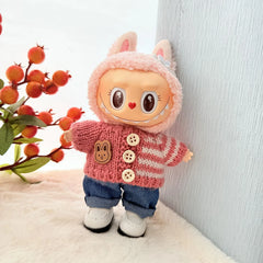 Pink Striped Button Sweater + Blue Jeans + White Square-Toe Shoes