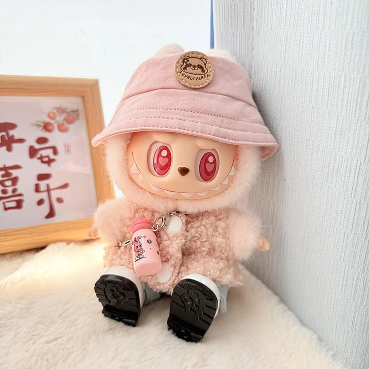 Pink Water Bottle + White Square-Toe Shoes + Pink Panda Logo Bucket Hat + Pink Double-Buckle Loop Sweater