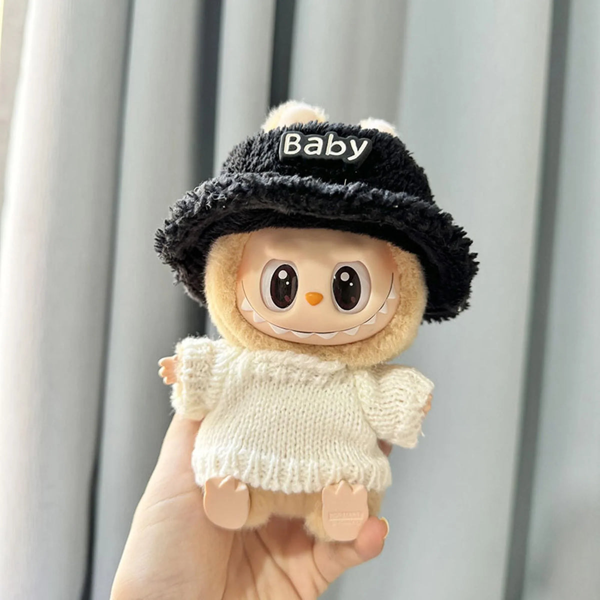 Pure White Knit Sweater With Black Fuzzy Hat