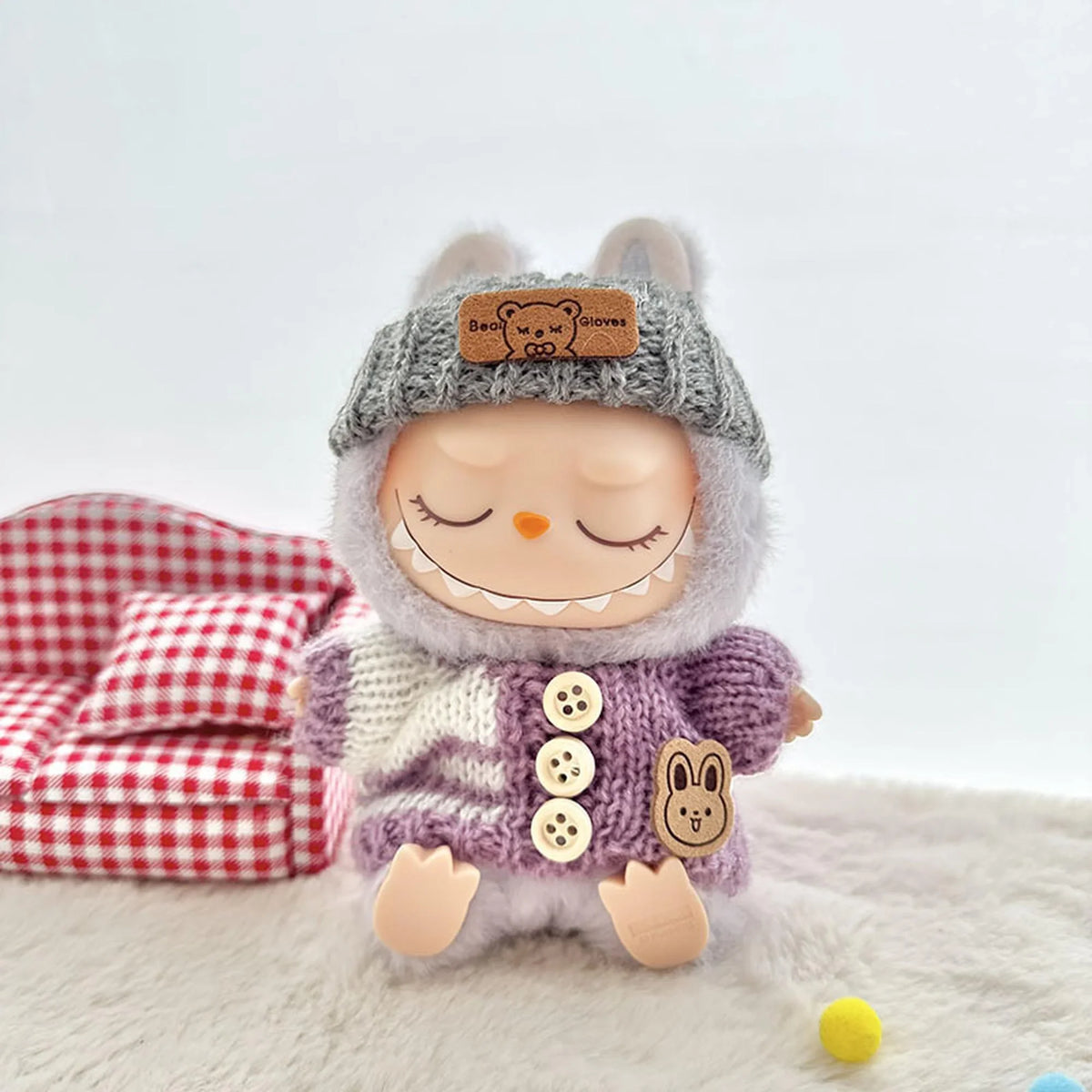 Purple Striped Button Sweater + Gray Turn-Up Hat