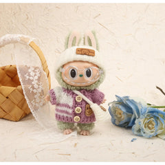 Purple Striped Button Sweater + White Turn-Up Hat + White String Bag (No Glasses)