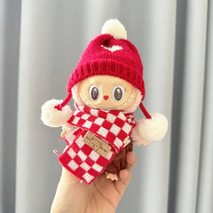 Red And White Checkered Scarf + Random Coffee Overalls + Little Heart Double Pom Pom Hat