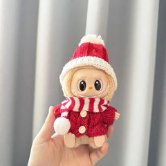 Red And White Striped Scarf + Red Wooden Buttons + White Pom-Pom Red Cable Knit Hat