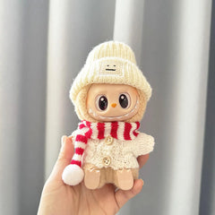 Red And White Striped Scarf + White Emoji Beanie + White Wooden Button Sweater