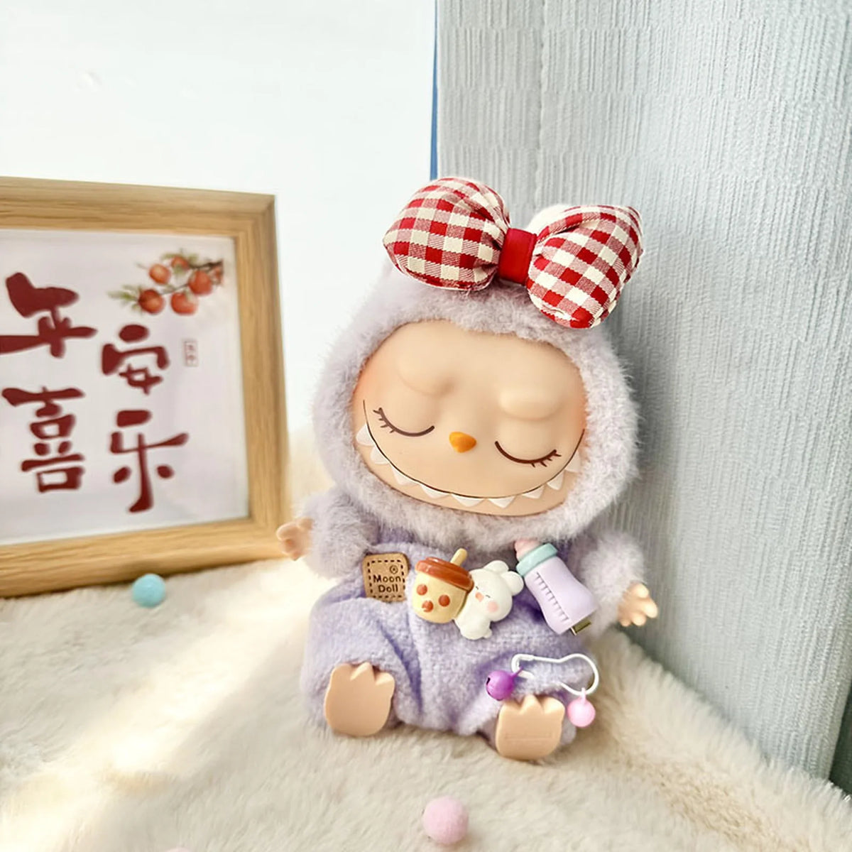 Red Check Hair Clip + Purple Bottle Overalls