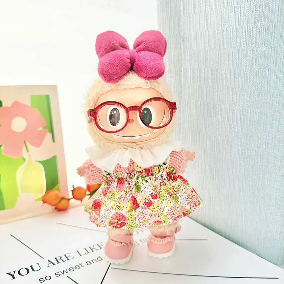 Red-Frame Glasses + Kd Pink Leather Shoes + Spring Outing Floral Red Dress 4-Piece Set
