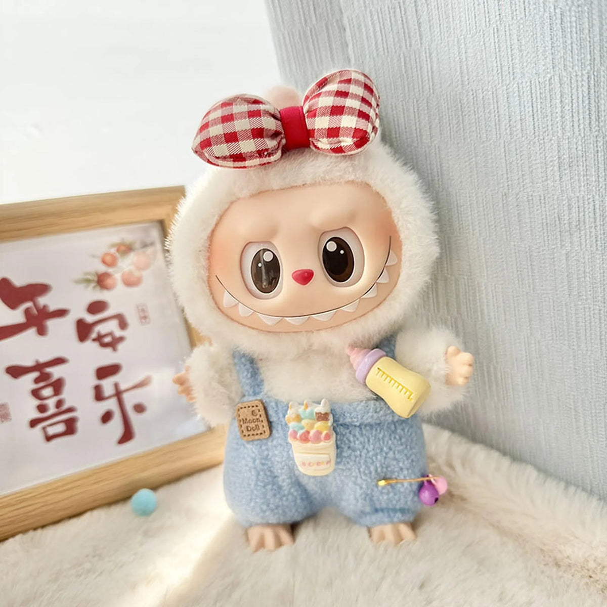 Red Gingham Bow + Blue Bottle Overalls