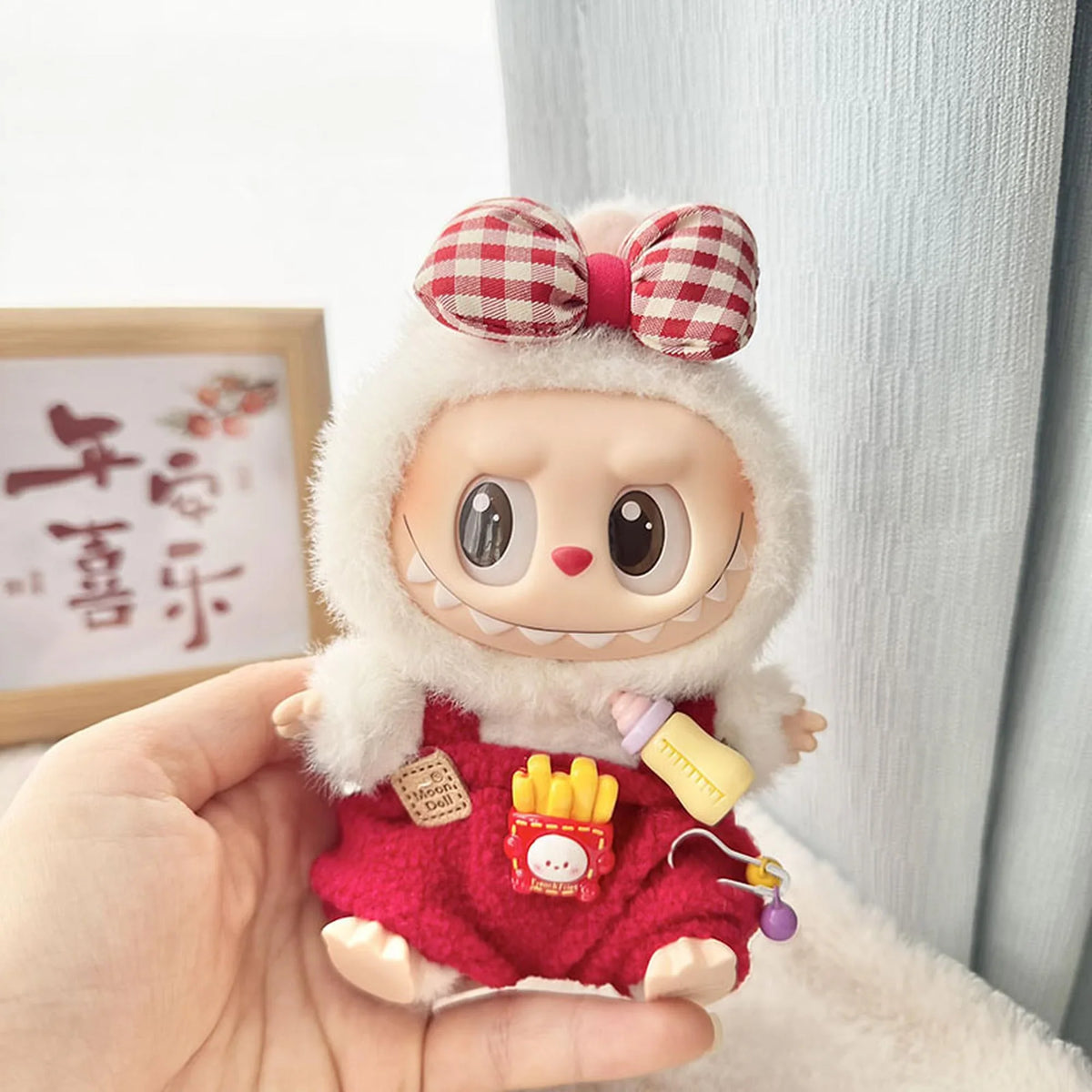 Red Plaid Hair Clip + Red Bottle Overalls
