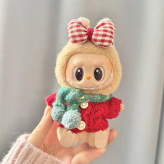 Red Wooden Button Sweater + Green Polka Dot Scarf + Red Plaid Bow