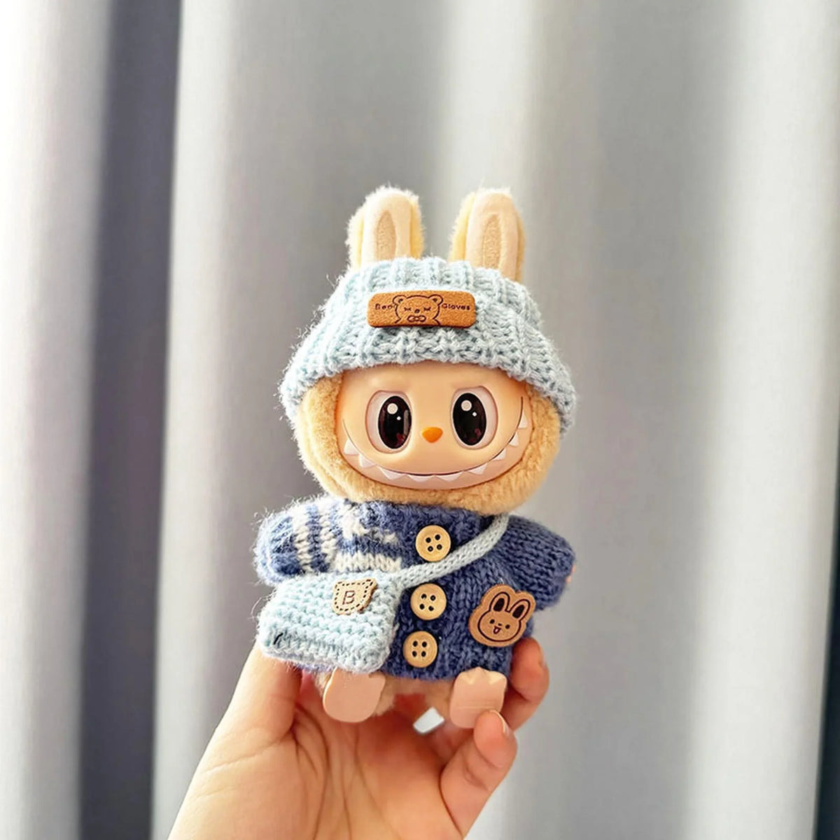 Striped Button Blue Sweater + Blue Turned-Up Bear Hat + Knit Blue B Bag