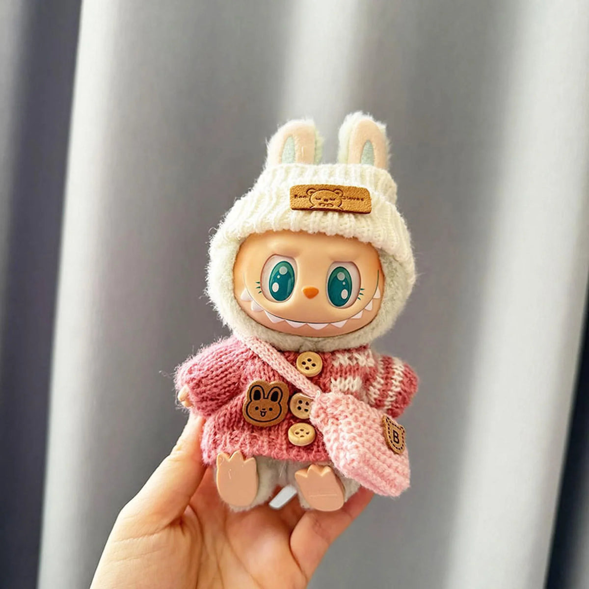 Striped Button Pink Sweater + White Flipped-Bear Hat + Knit Pink B Bag