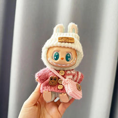 Striped Button Pink Sweater + White Flipped-Bear Hat + Knit Pink B Bag
