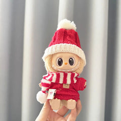 White Ball Red Braided Hat + Red And White Striped Scarf + Red Smiley Pin Sweater