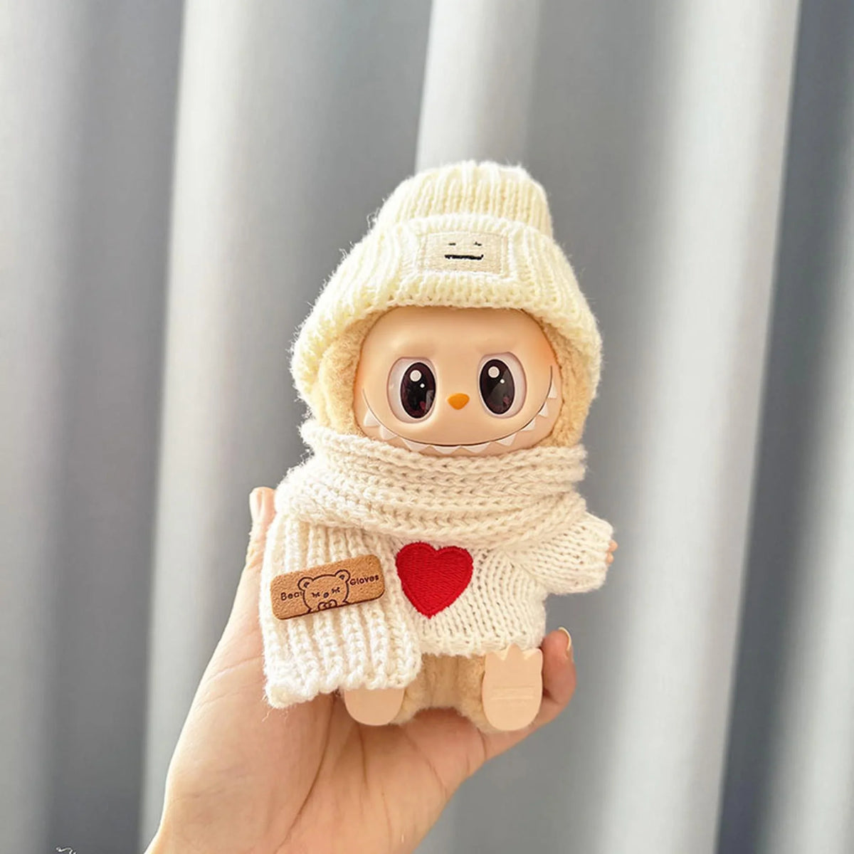 White Bear Scarf + Embroidered Red Heart + White Emoji Hat