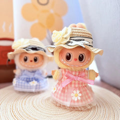 White Brim White Straw Hat + Daisy Pink Plaid Skirt