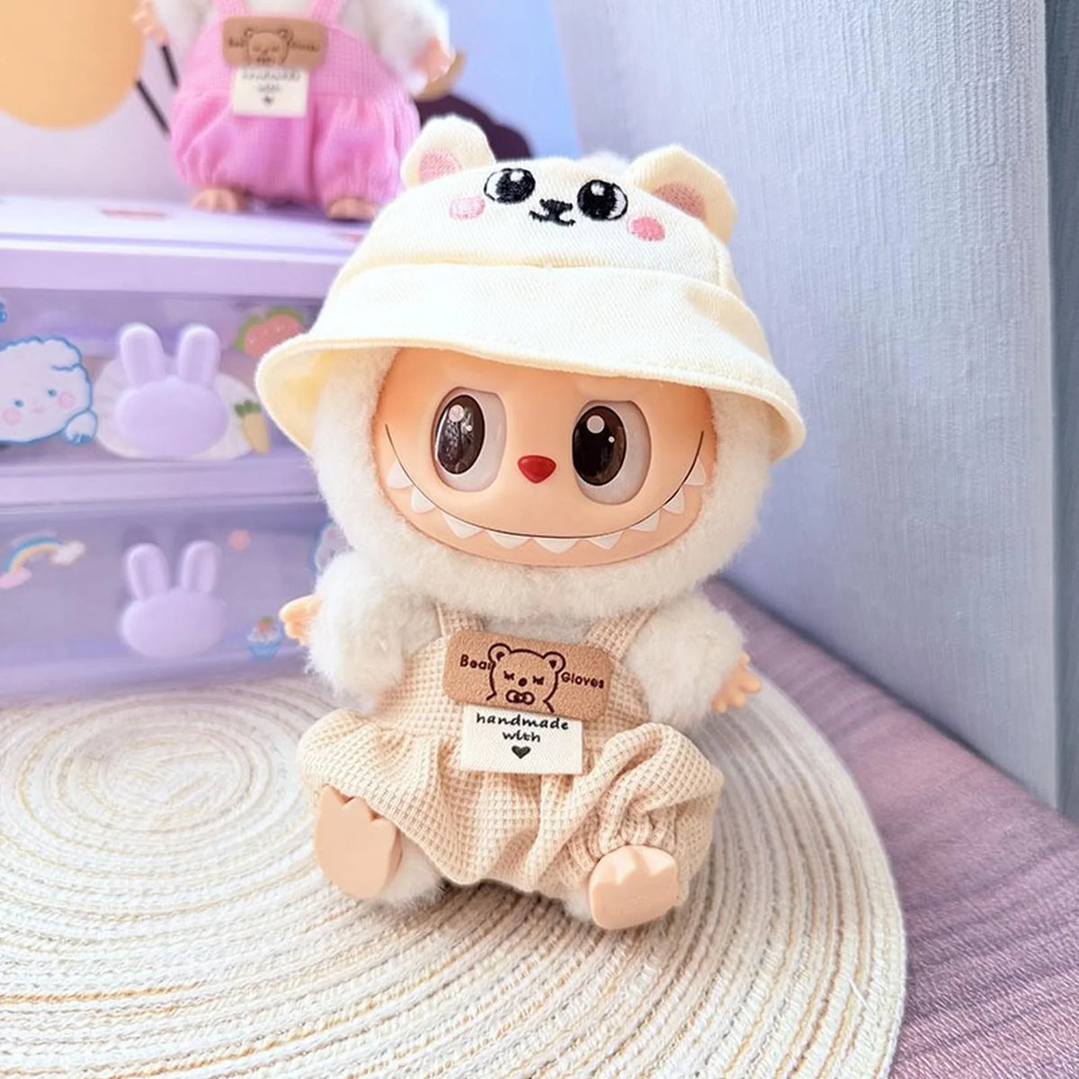 White Bunny Hat + Beige Checkered Overalls