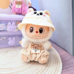 White Bunny Hat + Beige Checkered Overalls
