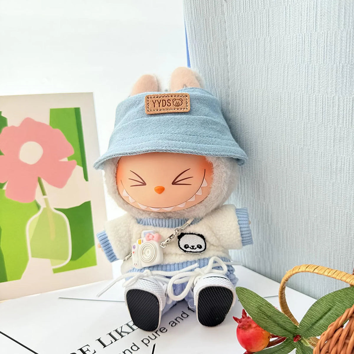 White Camera + White Canvas Shoes + Blue Yyds Hat + Blue Corduroy Two-Piece Set