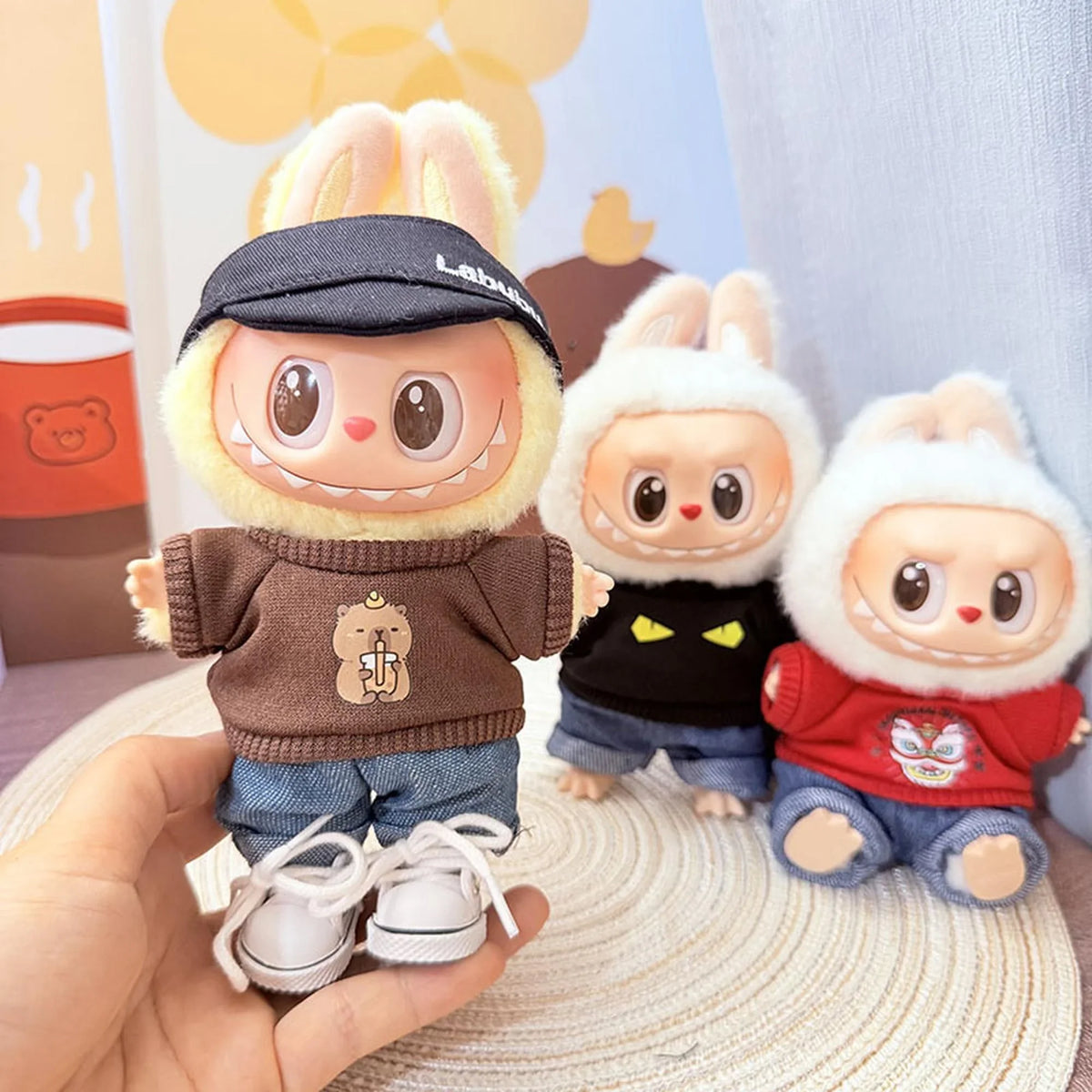 White Canvas Shoes + Black Bubu Cap + Milk Tea-Drinking Bear Hoodie