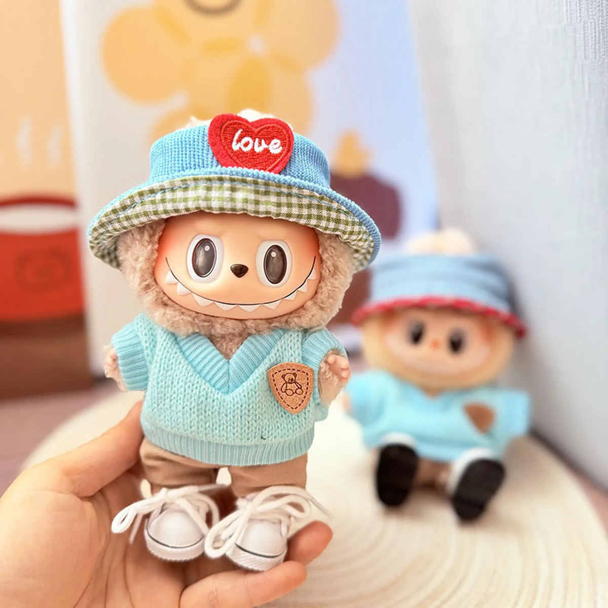 White Canvas Shoes + Blue Heart Hat + Sky Blue Bear Brand Sweater