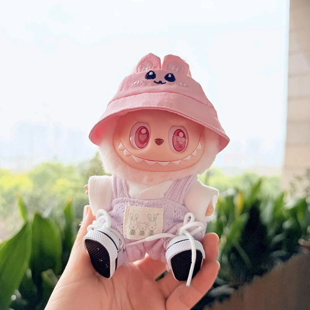 White Canvas Shoes + Pink Bunny Hat + Refreshing Purple Overalls Set