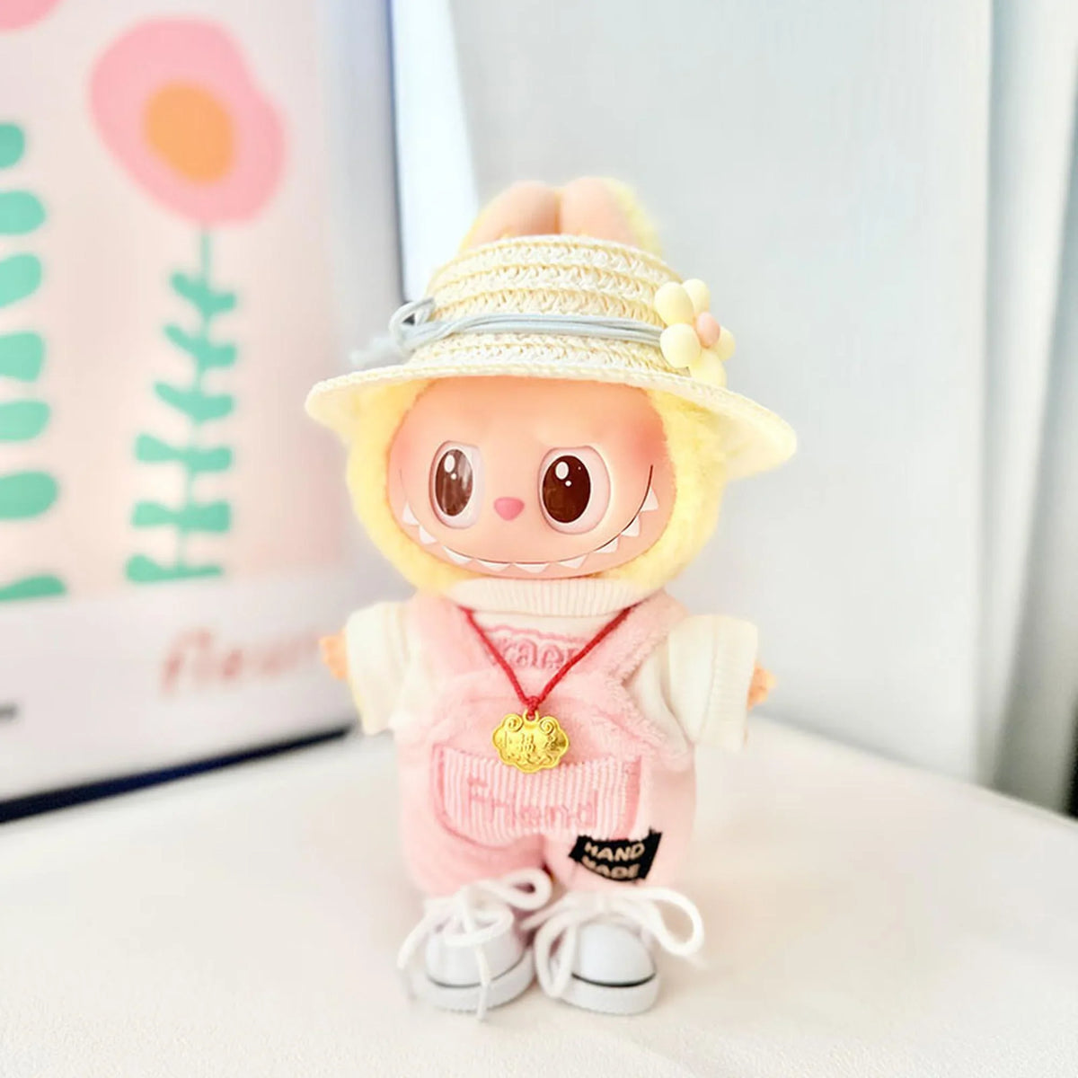White Canvas Shoes + Yellow Floral Flat Brim Hat + Friendship Pink Overalls Set