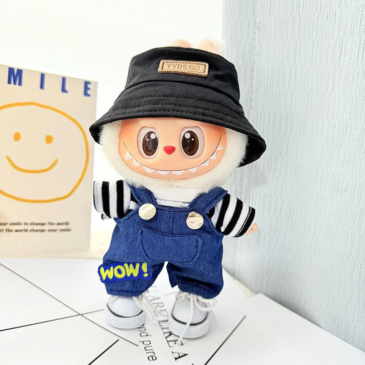 White Canvas Shoes + Yyds Black Cap + Black & White Striped Denim Overalls With Accessories