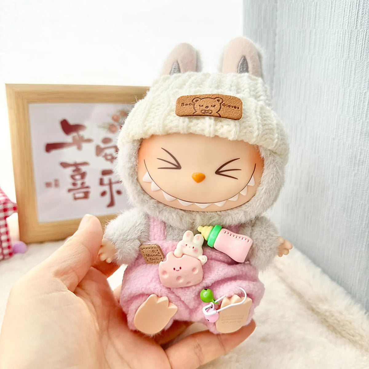 White Flap Hat + Pink Bottle Overalls
