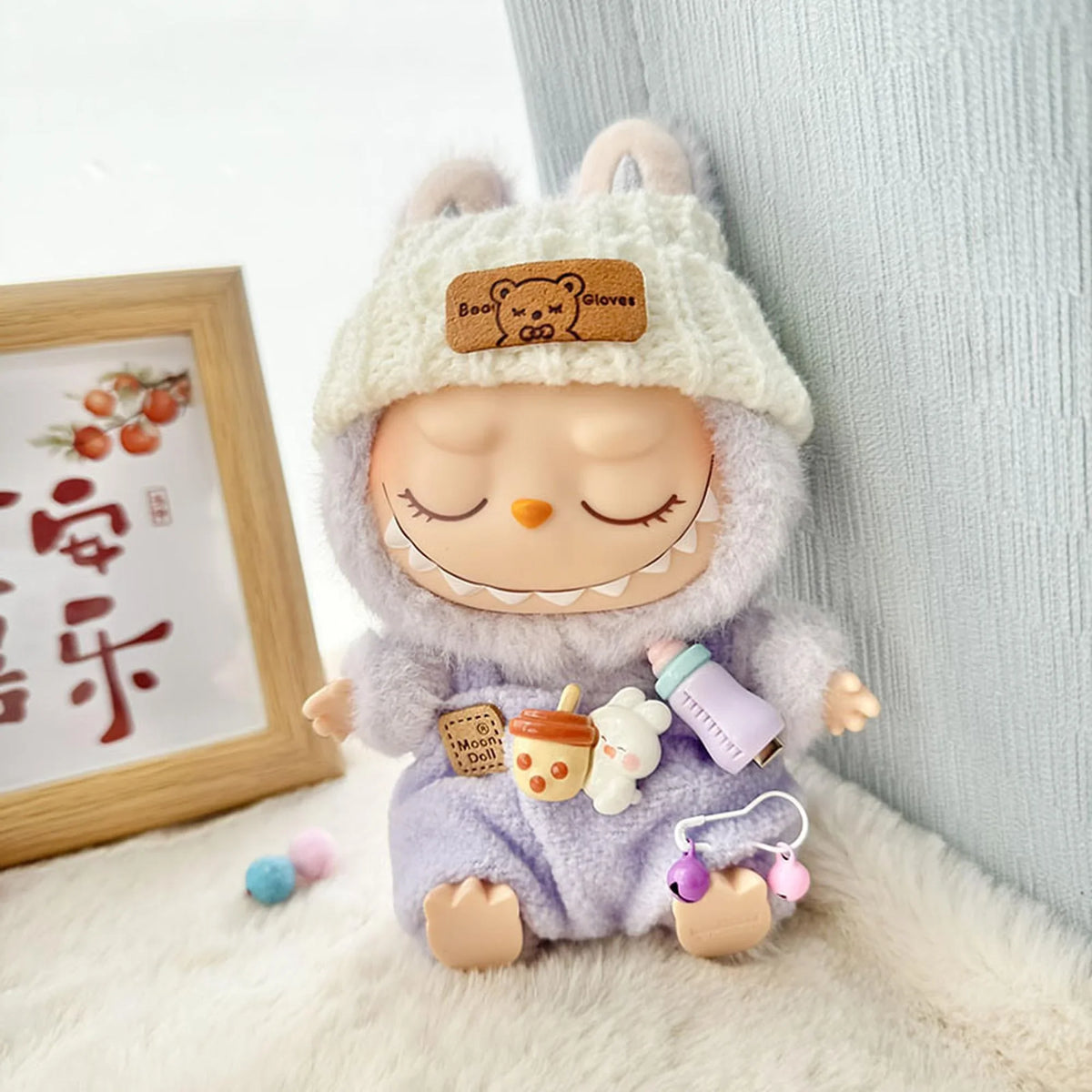 White Floppy Hat + Purple Bottle Overalls